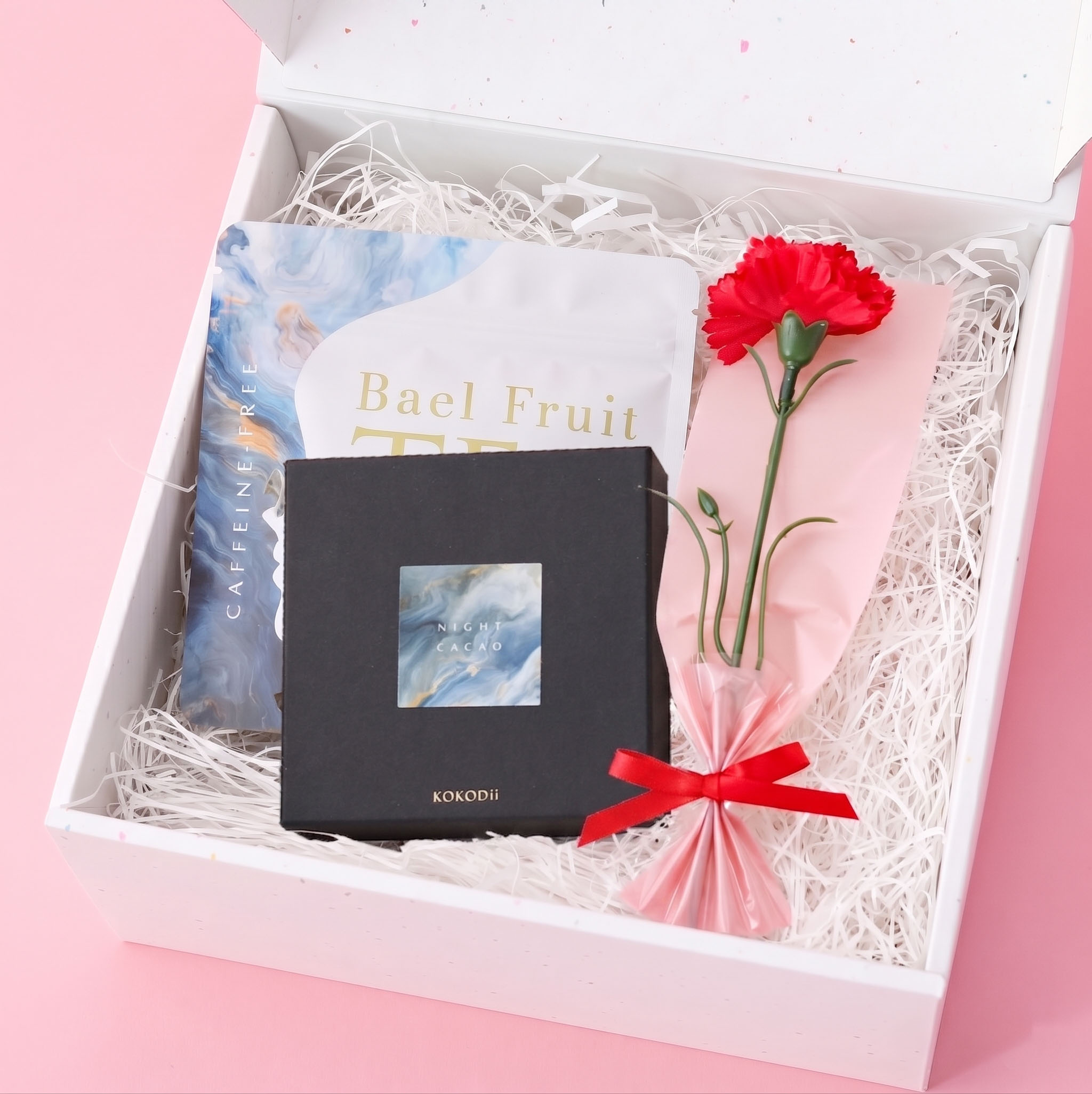 〈母の日ボックス＋カーネーションセット〉高品質なタイ産カカオビーンズタブレットチョコレートと紅茶