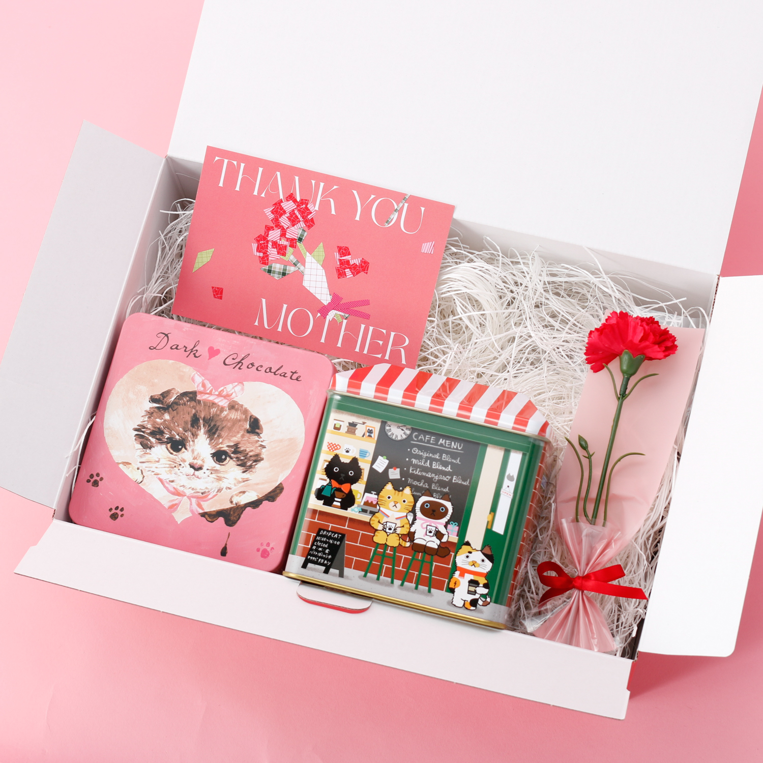 〈ボックス＋カーネーションセット〉ねこ好きなお母さんへ！コーヒーとクッキー缶のセット