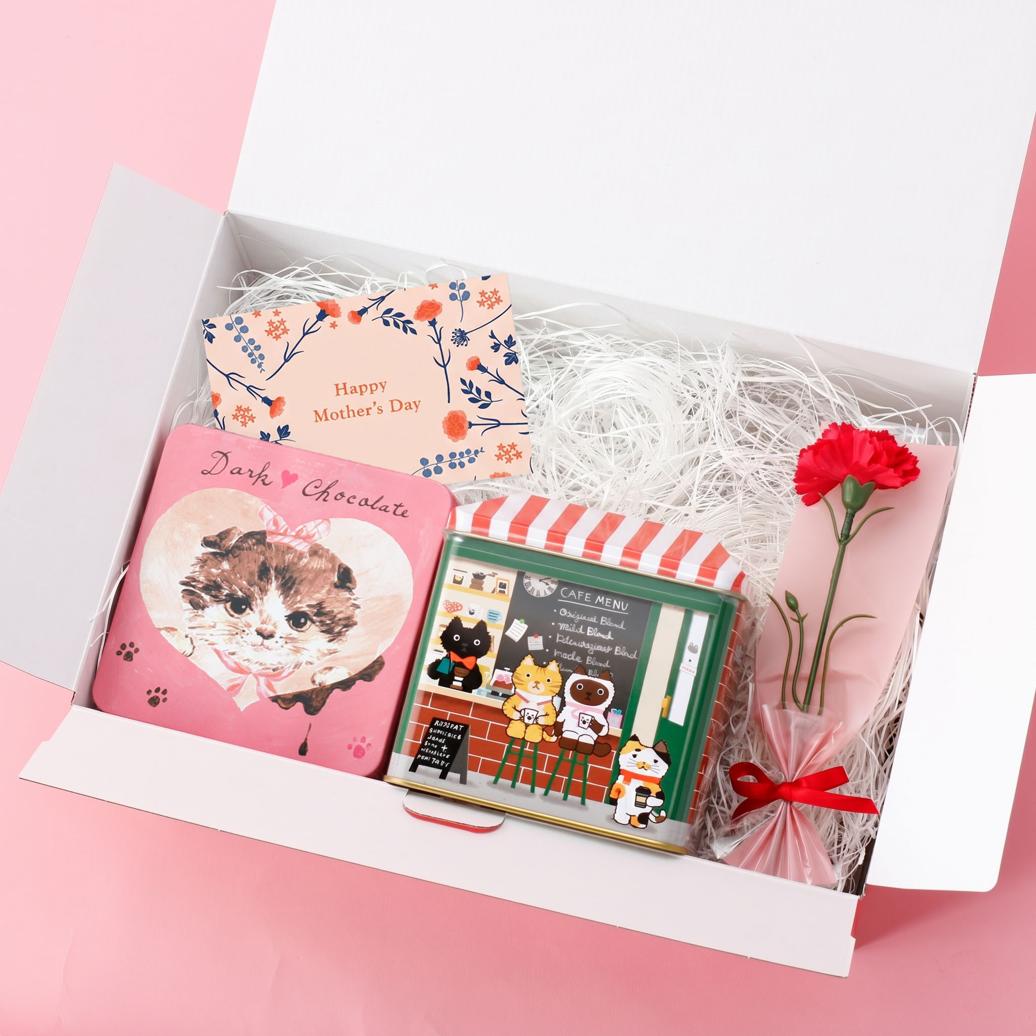 〈ボックス＋カーネーションセット〉ねこ好きなお母さんへ！コーヒーとクッキー缶のセット