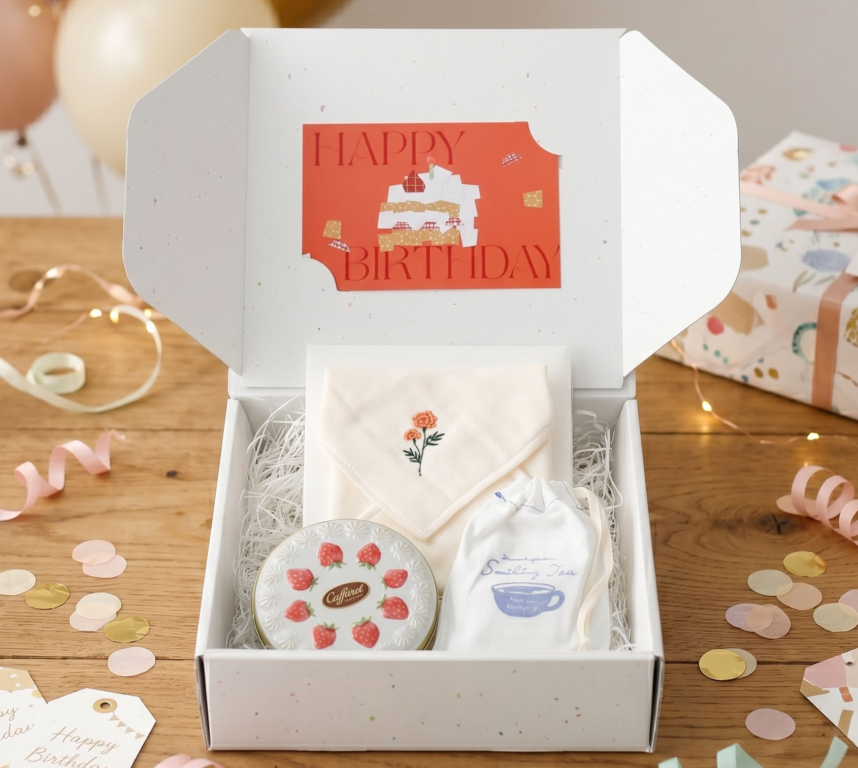 【ボックス付】ケーキ缶とお花の刺繍ハンカチのバースデーギフトセット