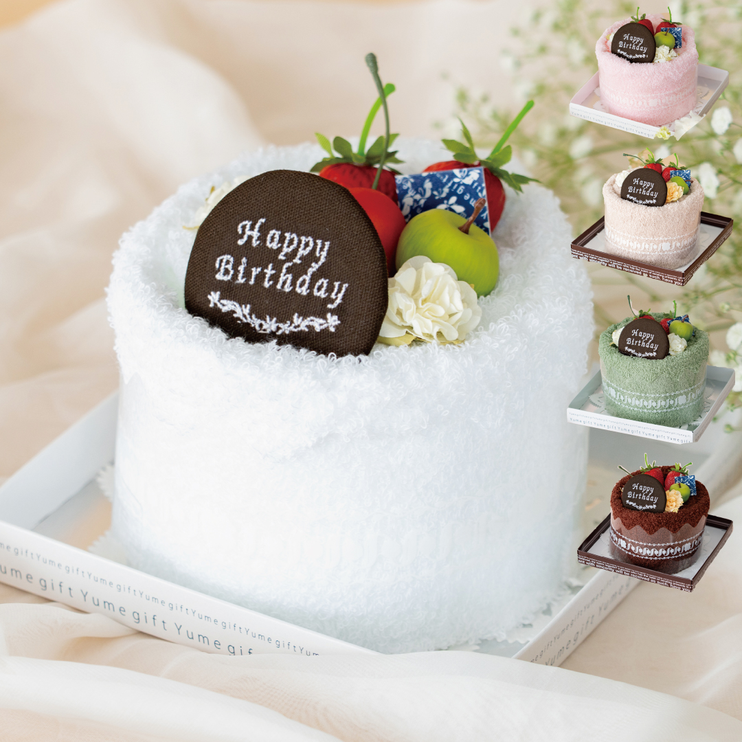 名入れ刺繍】タオルケーキ フルーツ 刺繍缶バッジ付き 日本製泉州