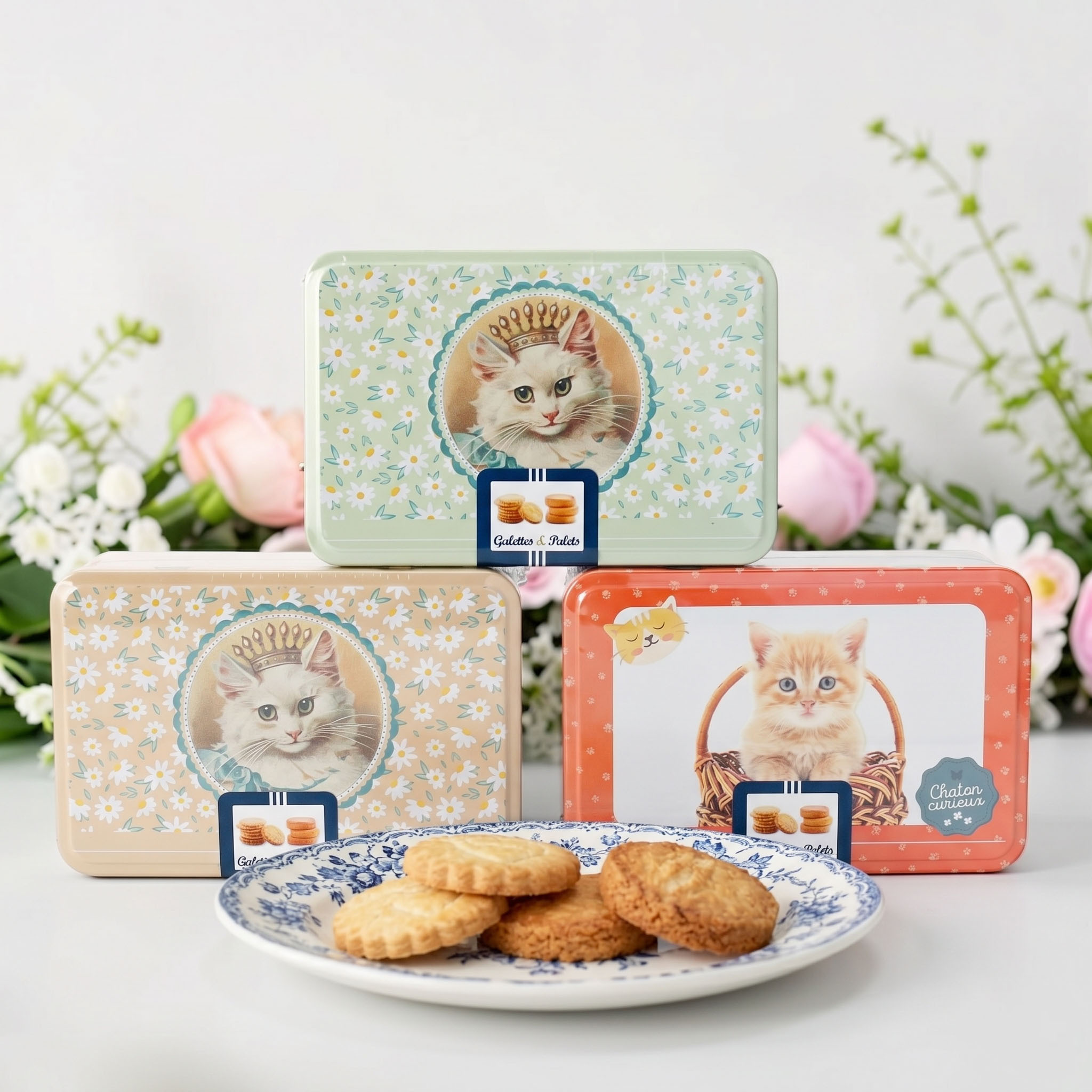 猫デザインのクッキー缶】ロイヤルキャッツ (ガレット/パレット詰合せ