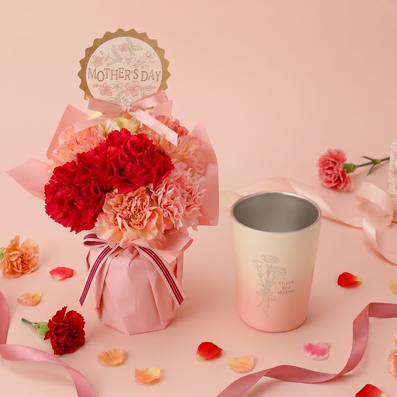 【母の日に感謝を贈る】選べる母の日限定生花＆Thank Youタンブラー