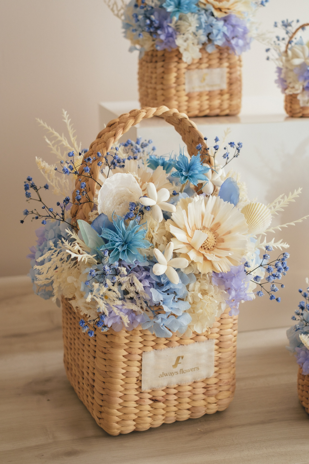 《季節限定デザイン》Flower BAG No.3 ／スクエアカゴバッグ　コフレブルー／ドライ・プリザーブドフラワー