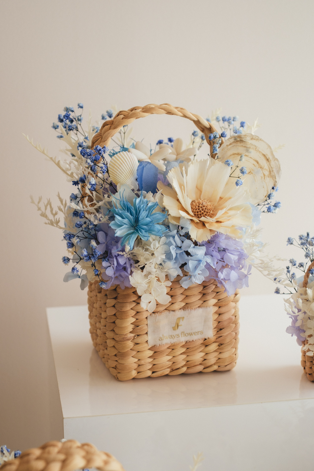 《季節限定デザイン》Flower BAG No.3 ／スクエアカゴバッグ　コフレブルー／ドライ・プリザーブドフラワー