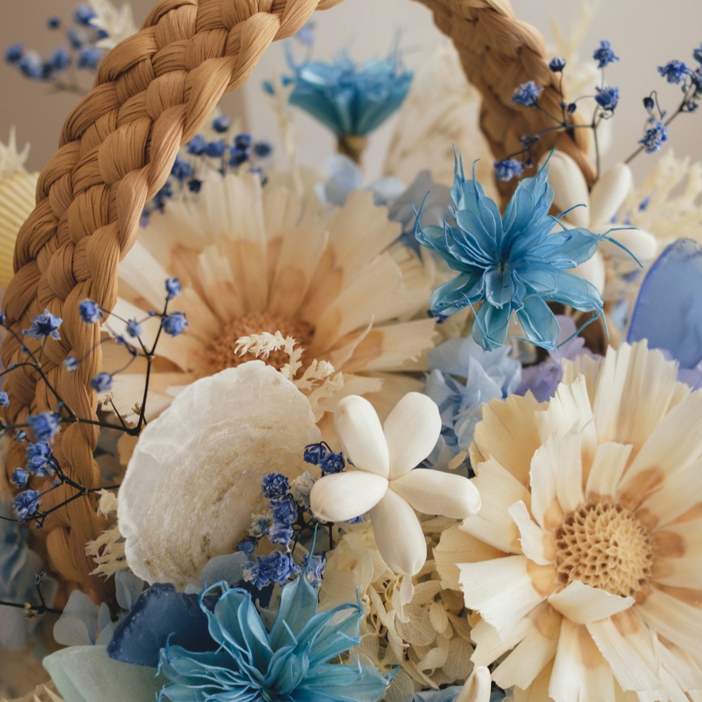 《季節限定デザイン》Flower BAG No.3 ／スクエアカゴバッグ　コフレブルー／ドライ・プリザーブドフラワー