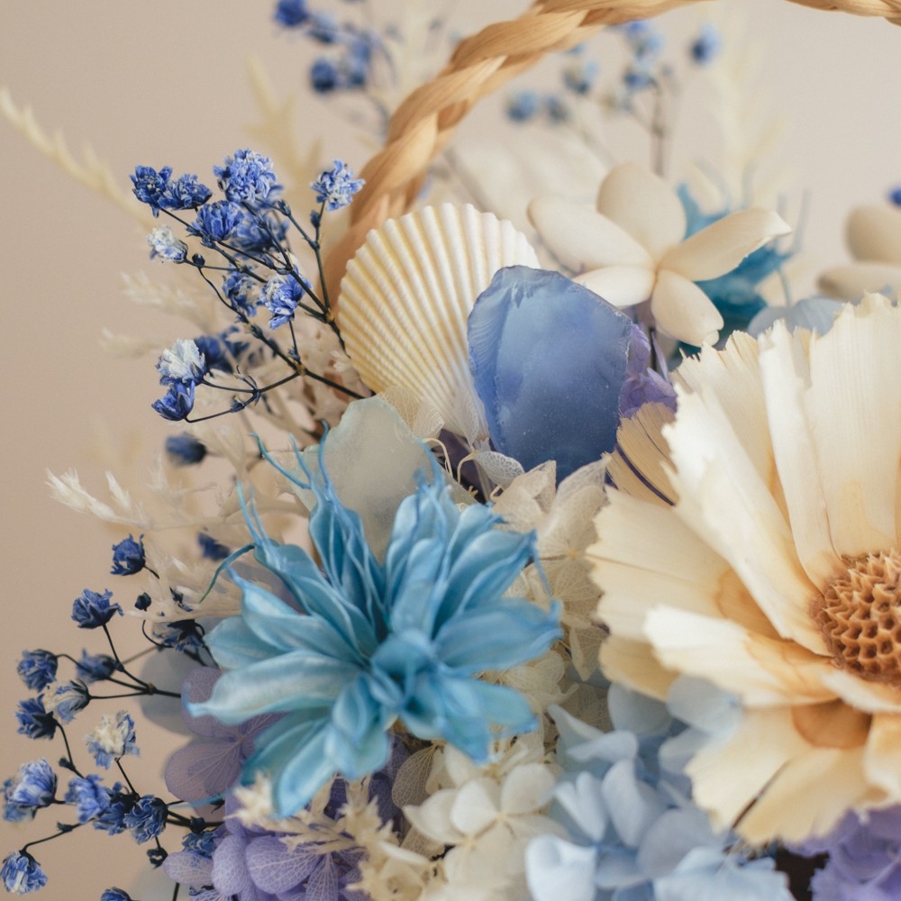 《季節限定デザイン》Flower BAG No.3 ／スクエアカゴバッグ　コフレブルー／ドライ・プリザーブドフラワー