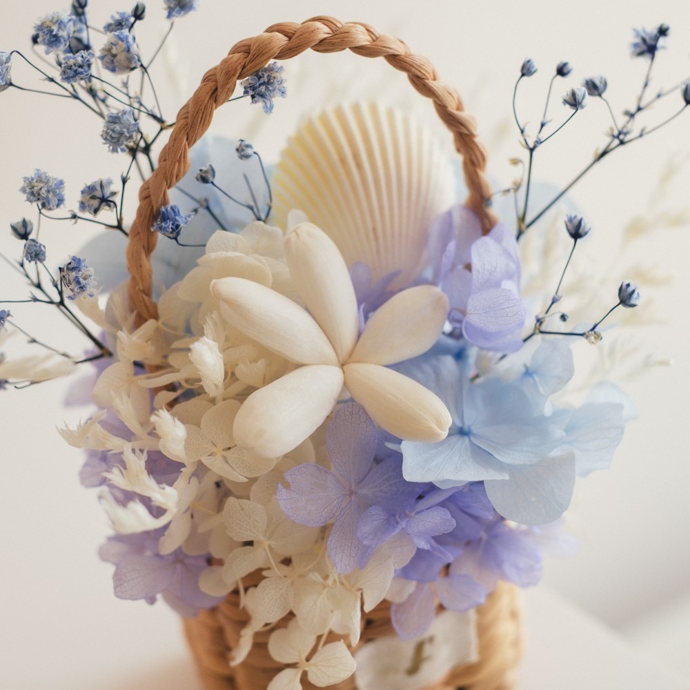 《季節限定デザイン》Flower BAG No.3 ／スクエアカゴバッグ　コフレブルー／ドライ・プリザーブドフラワー