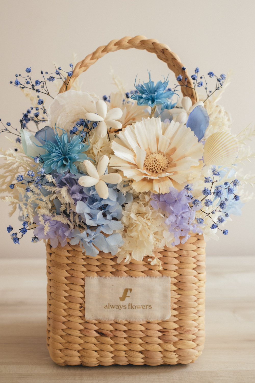 《季節限定デザイン》Flower BAG No.3 ／スクエアカゴバッグ　コフレブルー／ドライ・プリザーブドフラワー