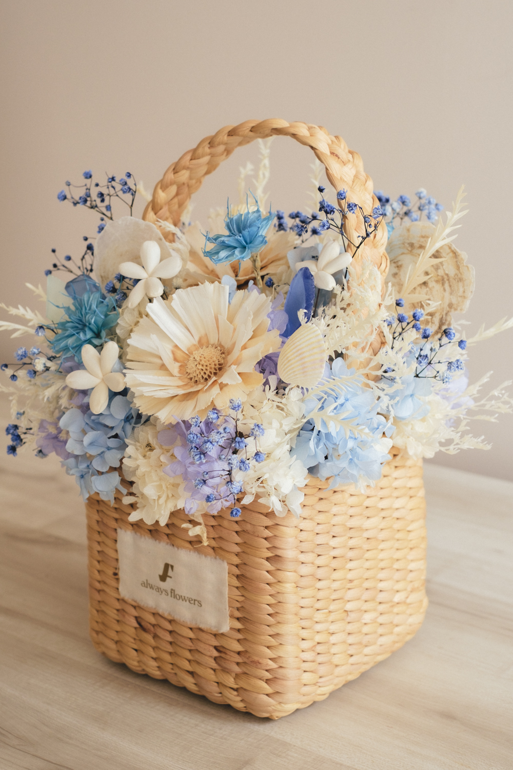《季節限定デザイン》Flower BAG No.3 ／スクエアカゴバッグ　コフレブルー／ドライ・プリザーブドフラワー