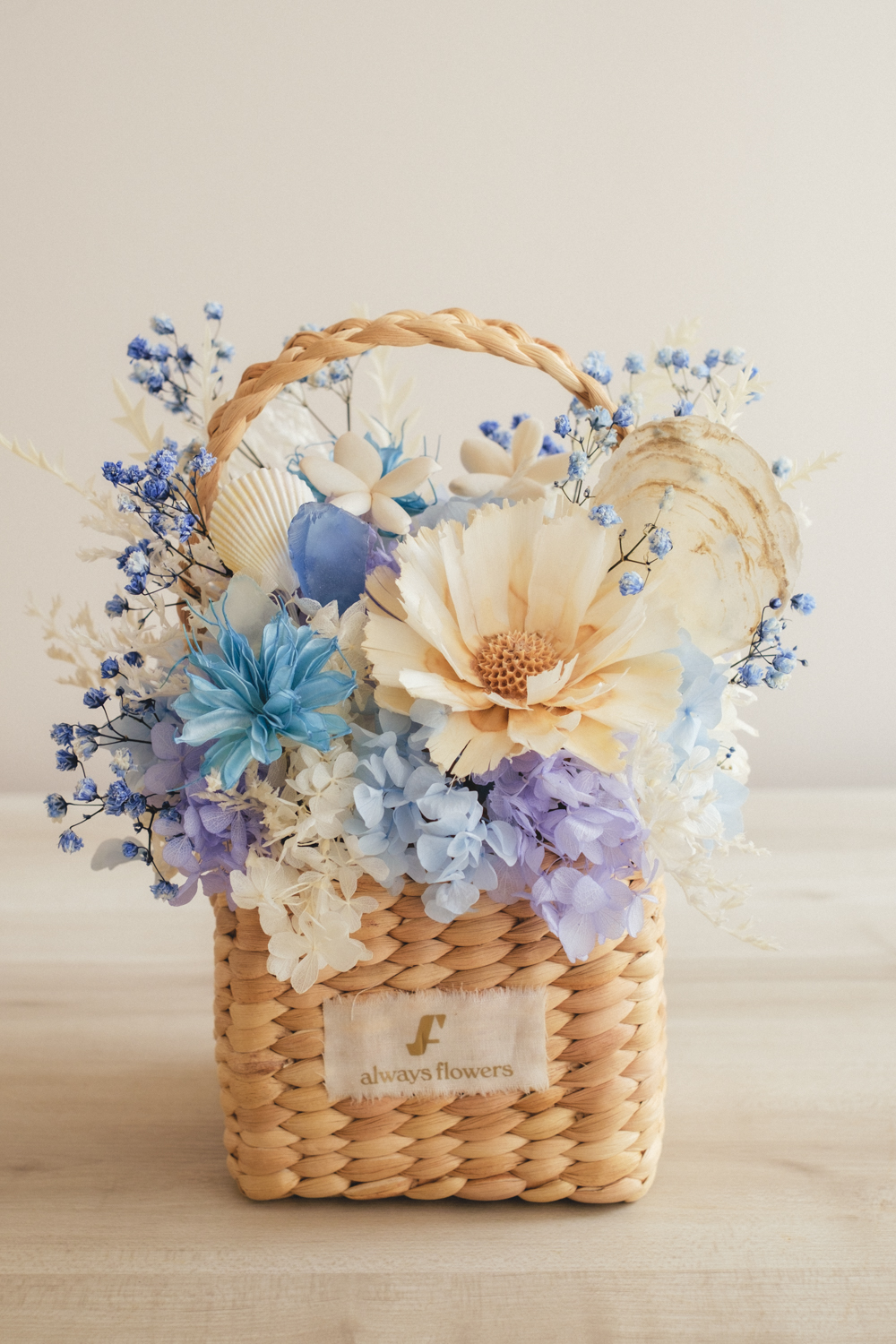 《季節限定デザイン》Flower BAG No.3 ／スクエアカゴバッグ　コフレブルー／ドライ・プリザーブドフラワー