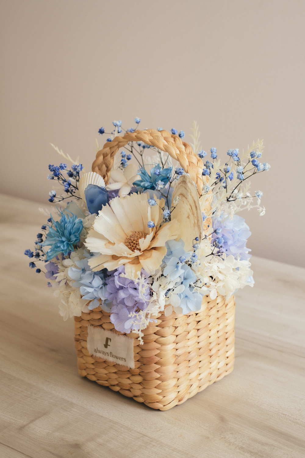 《季節限定デザイン》Flower BAG No.3 ／スクエアカゴバッグ　コフレブルー／ドライ・プリザーブドフラワー