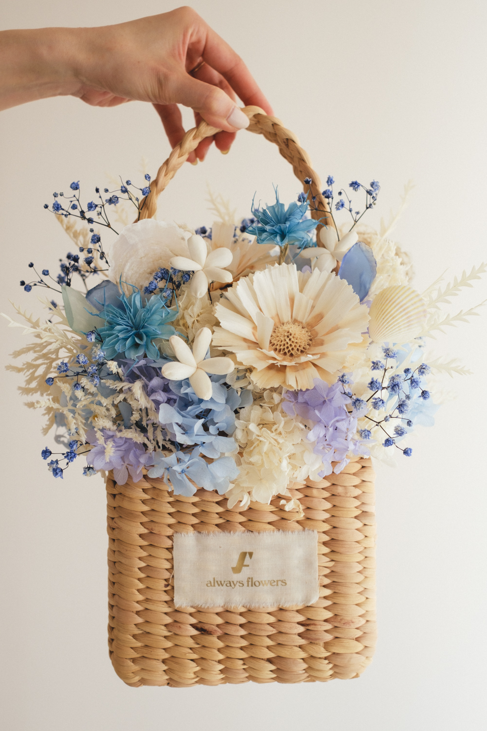 《季節限定デザイン》Flower BAG No.3 ／スクエアカゴバッグ　コフレブルー／ドライ・プリザーブドフラワー