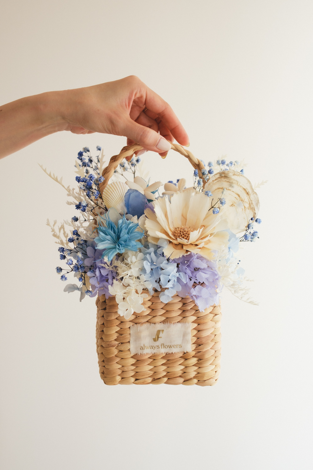 《季節限定デザイン》Flower BAG No.3 ／スクエアカゴバッグ　コフレブルー／ドライ・プリザーブドフラワー