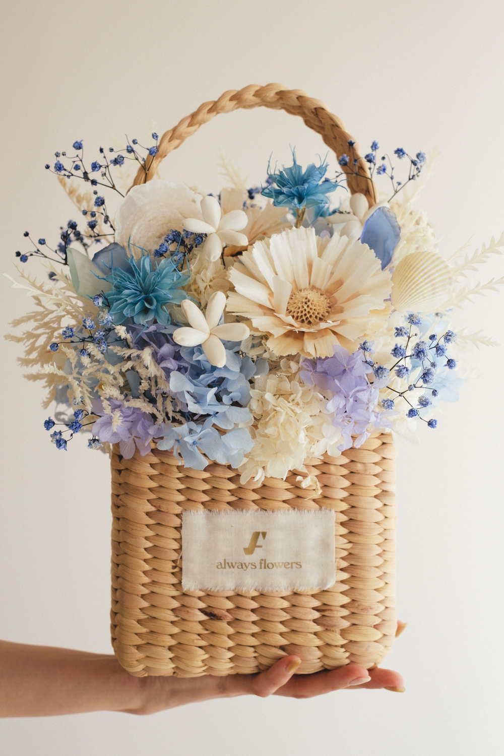 《季節限定デザイン》Flower BAG No.3 ／スクエアカゴバッグ　コフレブルー／ドライ・プリザーブドフラワー