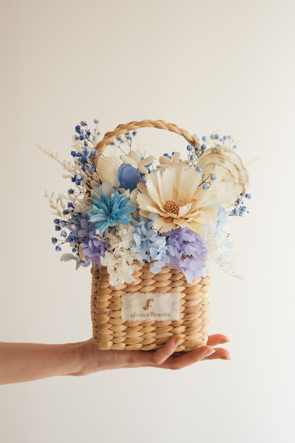 《季節限定デザイン》Flower BAG No.3 ／スクエアカゴバッグ　コフレブルー／ドライ・プリザーブドフラワー