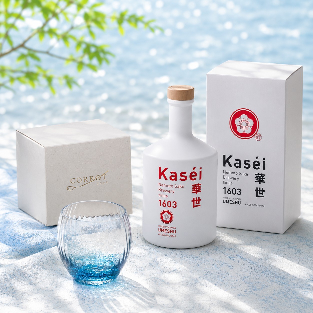 夏は炭酸割りで！濃厚梅酒リキュールと涼しげなグラスのセット