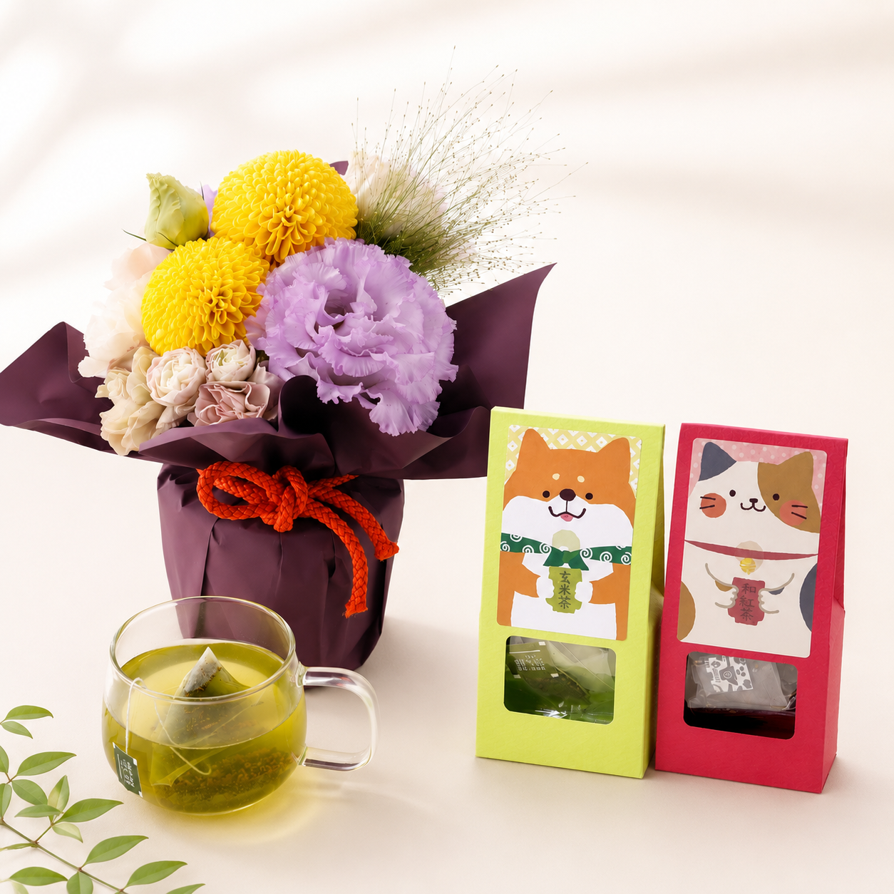 和の生花ブーケ&選べる京茶セット