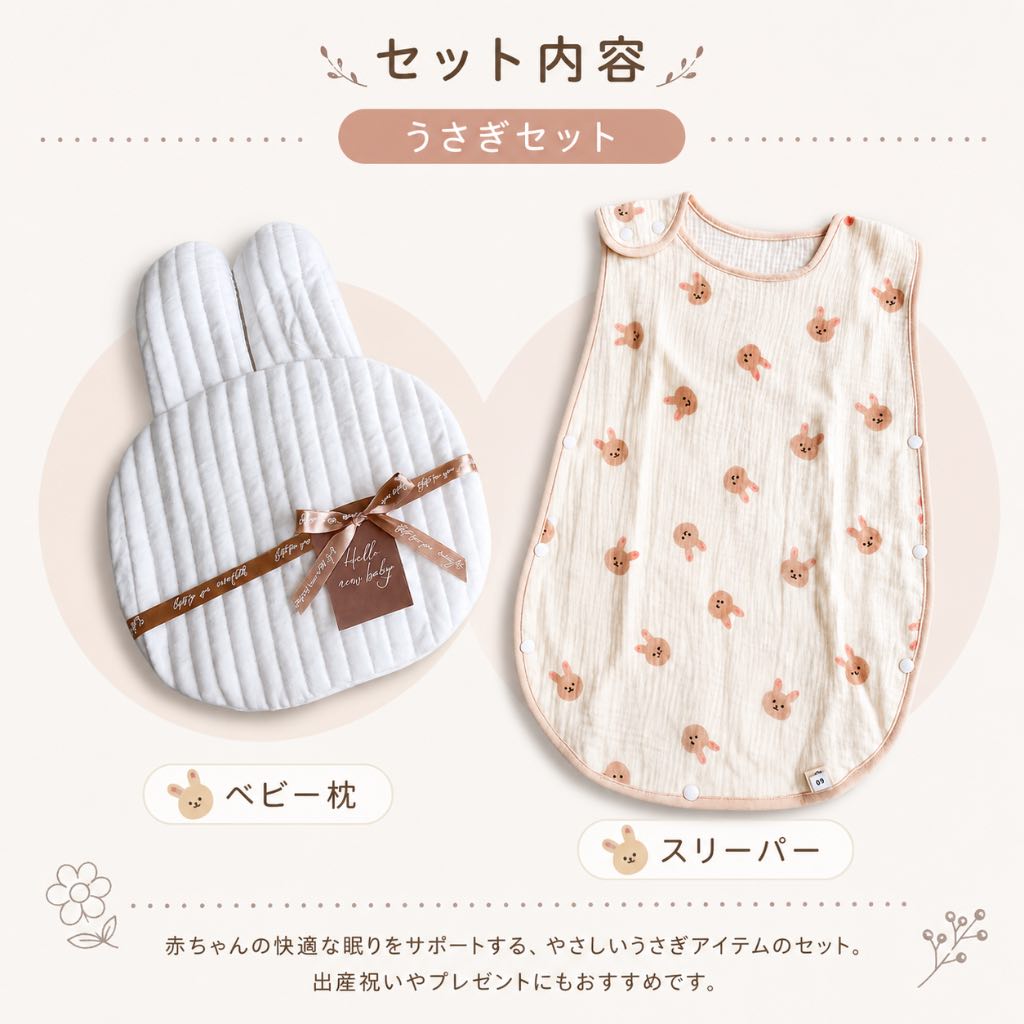 出産祝いにおすすめのおやすみセット（スリーパー＆ベビー枕セット）
