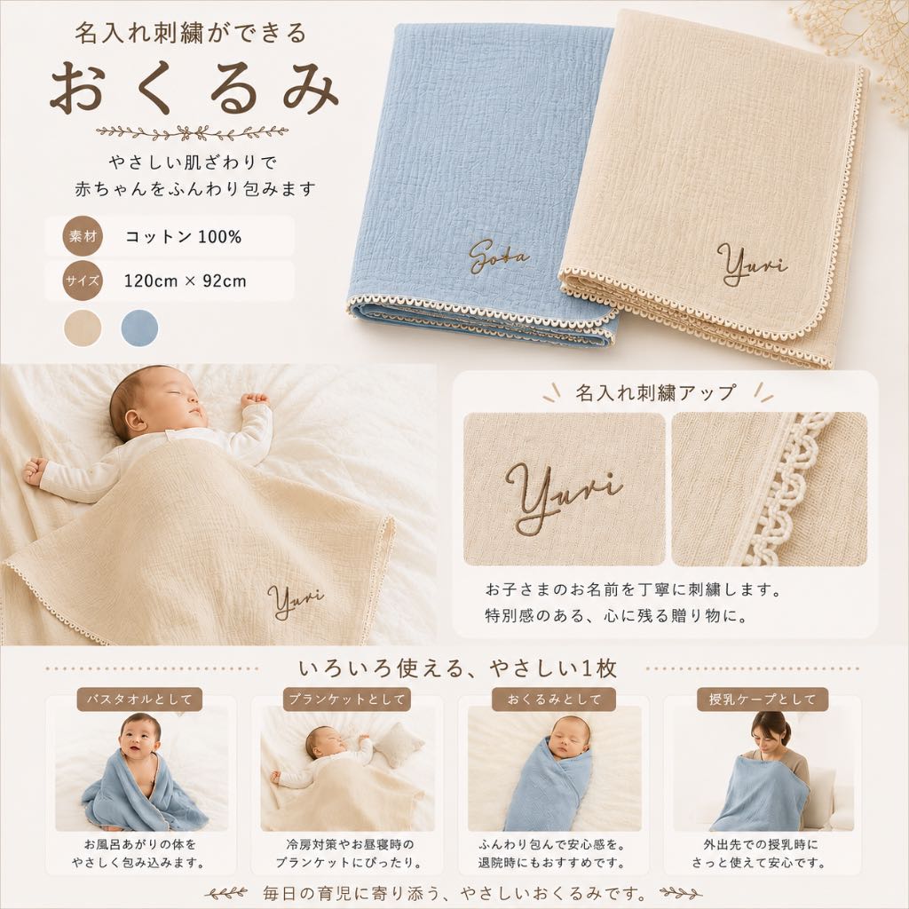 名入れおくるみ＆リバーシブルスタイ2点・3点セット