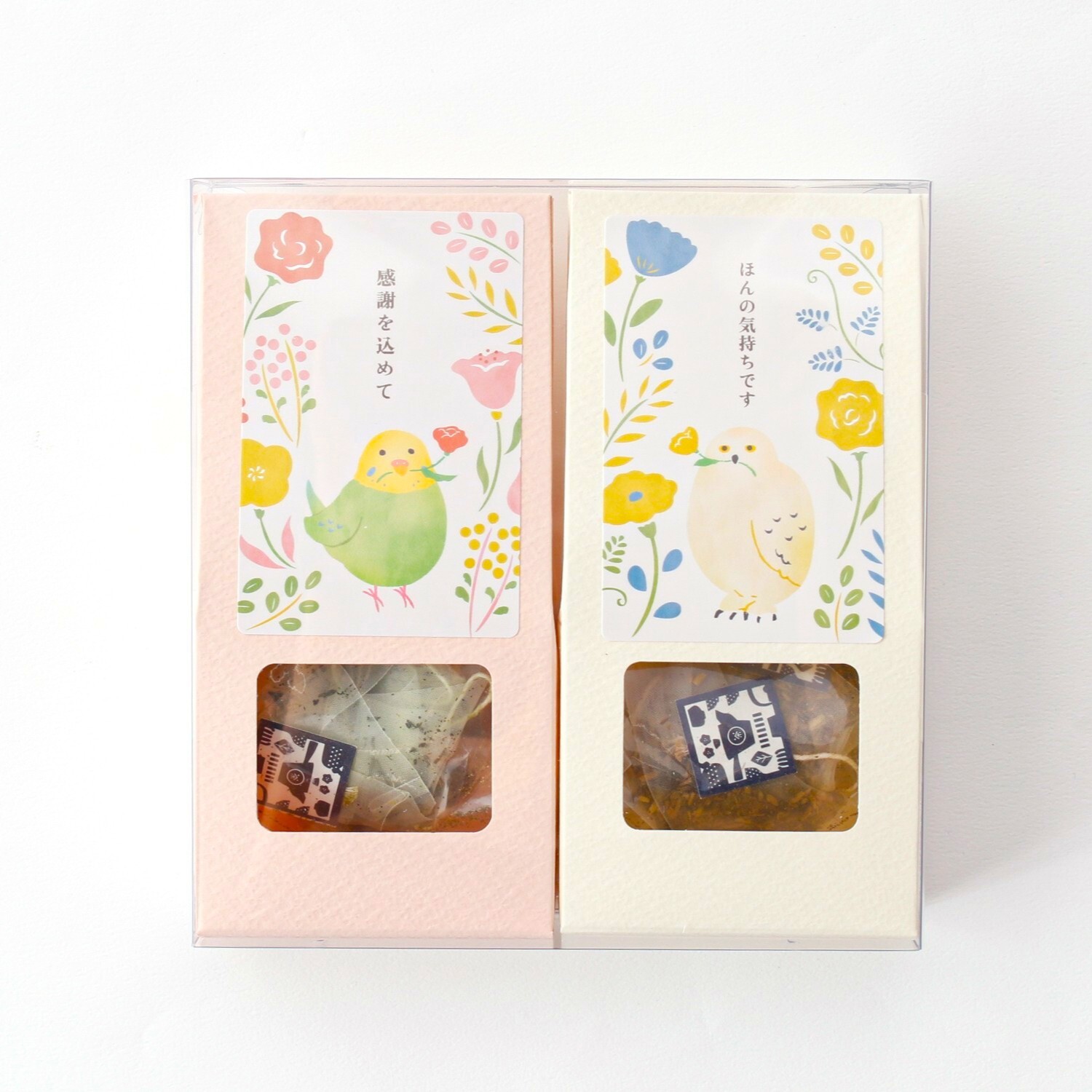 夏は水出しがおすすめ！やさしい鳥さんのメッセージ茶とお花ハンカチのギフトセット
