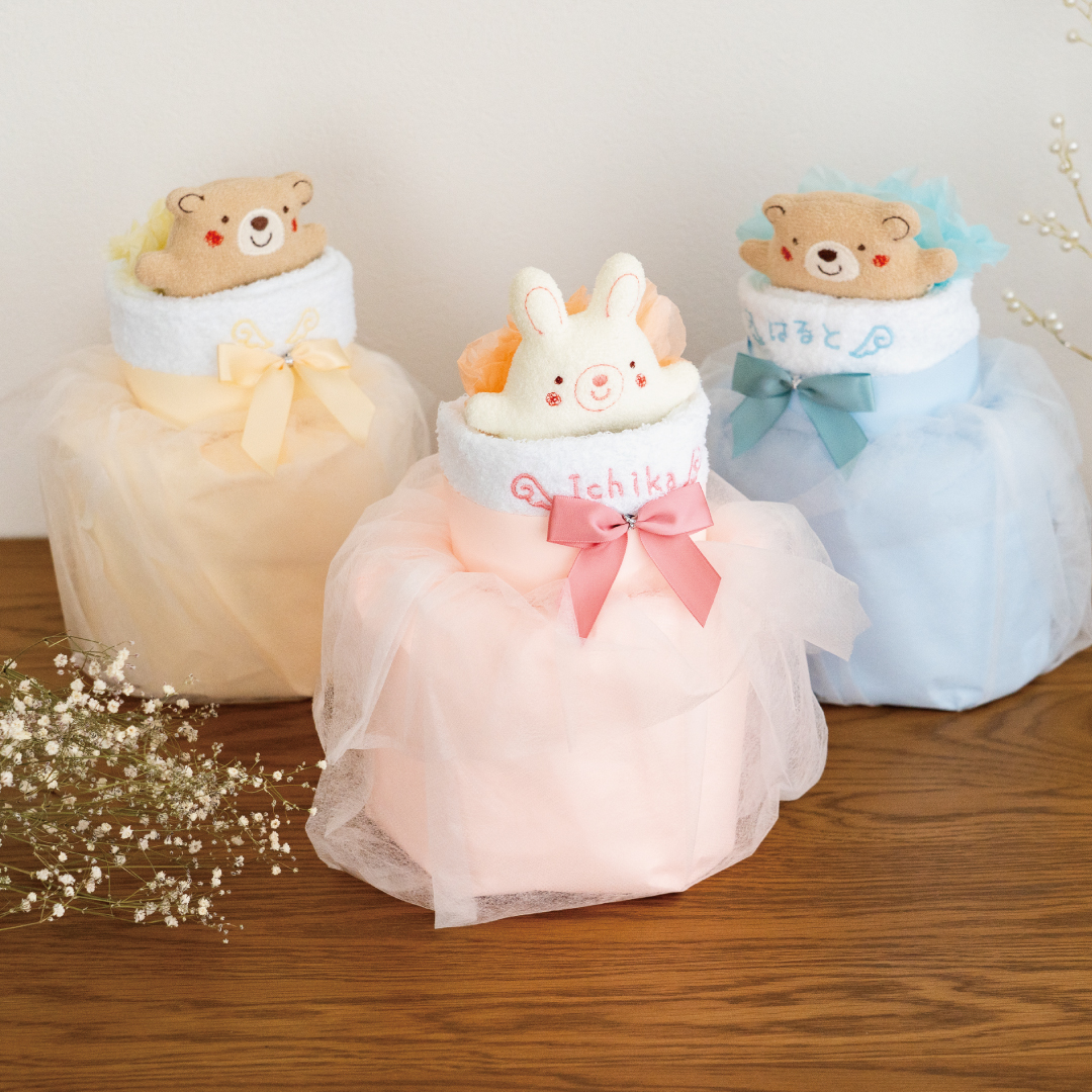 【名入れ刺繍】出産祝い オムツケーキ ダイパーケーキ 日本製 ラトル くま うさぎ 泉州タオル 