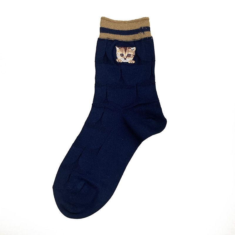 【メンズ】リンクス猫シルエット柄ヌネット刺繍くるぶし丈ソックス｜日本製