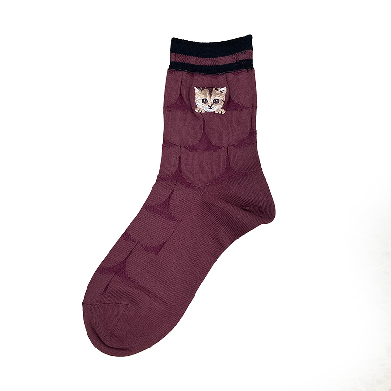 【メンズ】リンクス猫シルエット柄ヌネット刺繍くるぶし丈ソックス｜日本製