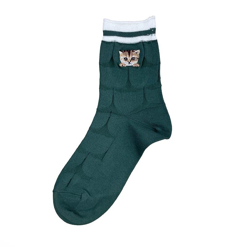 【メンズ】リンクス猫シルエット柄ヌネット刺繍くるぶし丈ソックス｜日本製