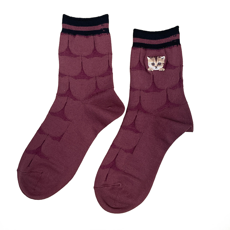 【メンズ】リンクス猫シルエット柄ヌネット刺繍くるぶし丈ソックス｜日本製