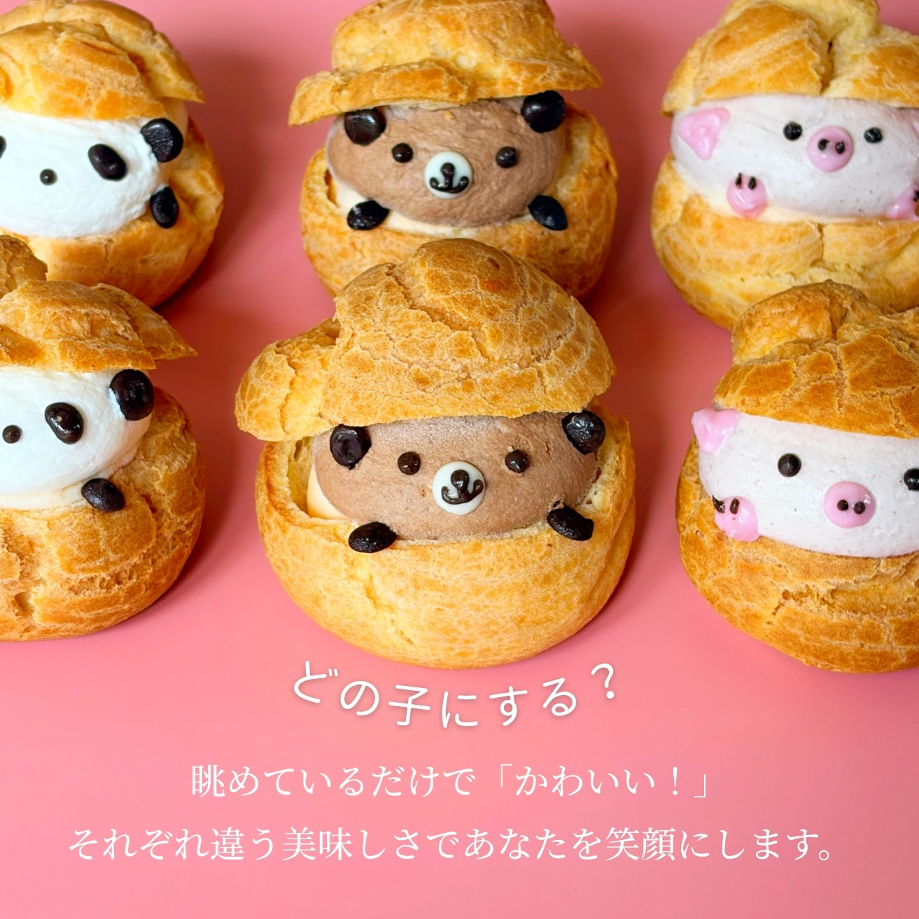 どうぶつシュー3種6個セット（シャンティ・いちご・チョコ）