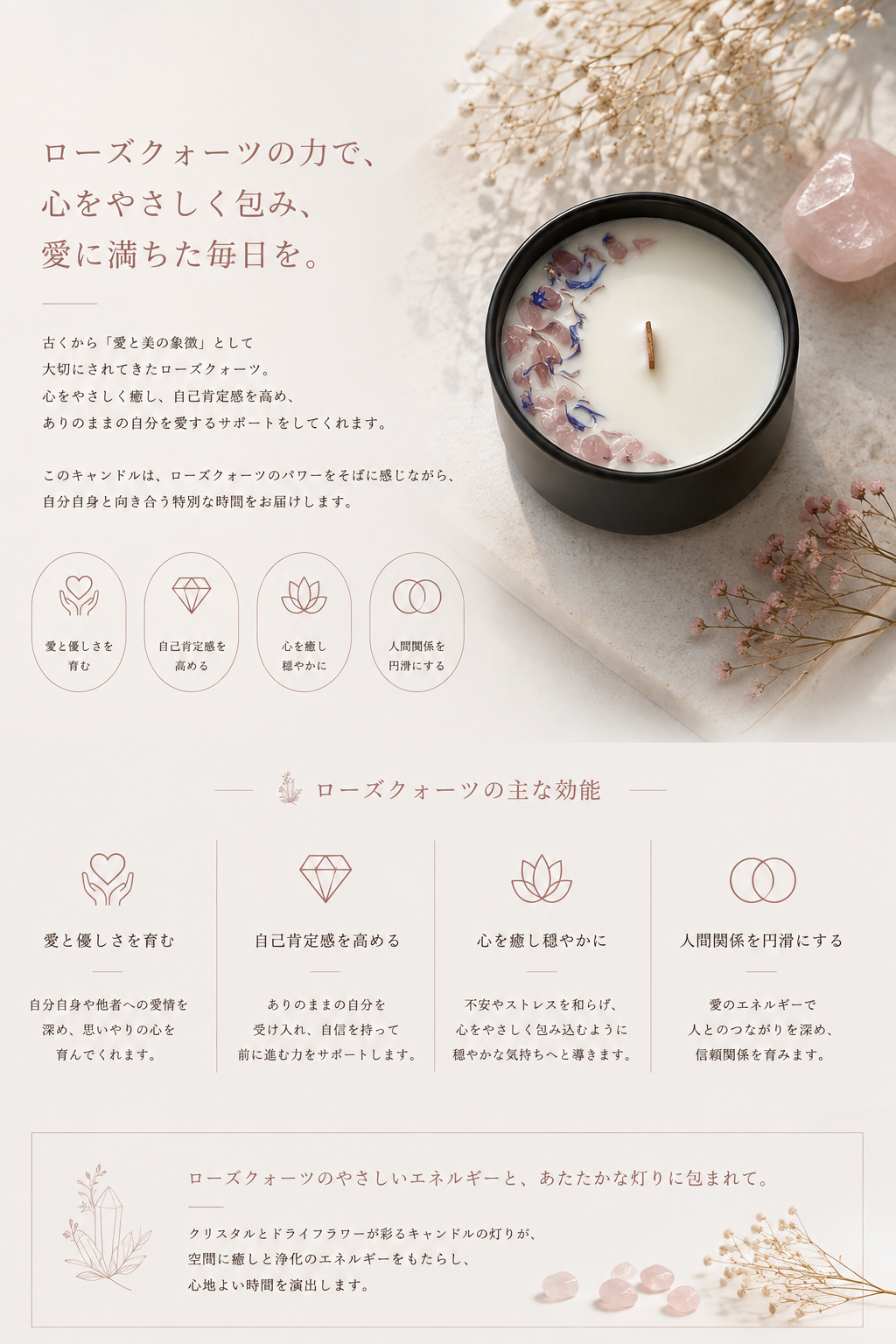 Stone Candle – Rose Quartz（天然石アロマSOYキャンドル）