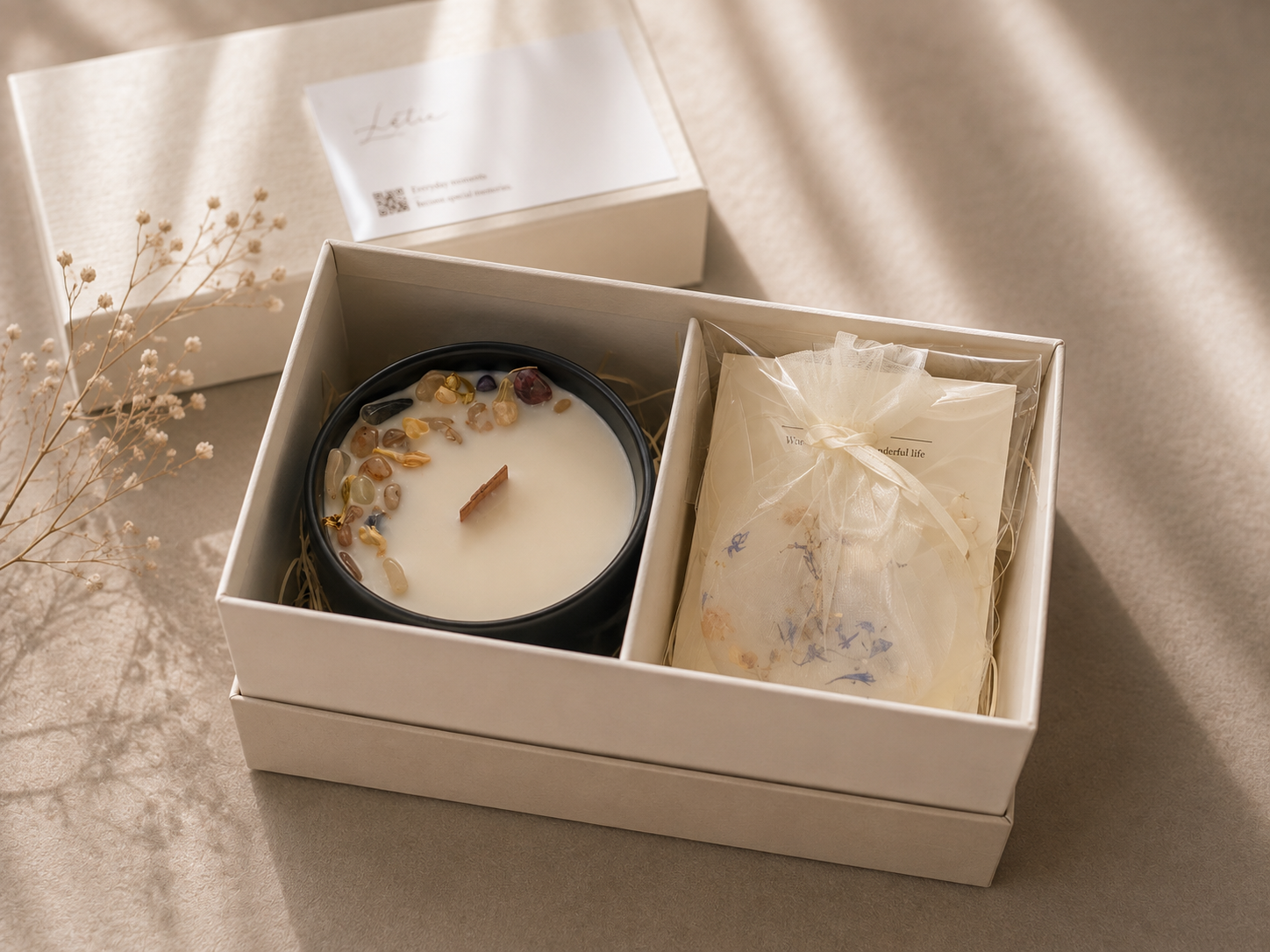 Stone Candle & Mini Sachet Gift Set – Garden Quartz（天然石アロマSOYキャンドル・ミニサシェセット）