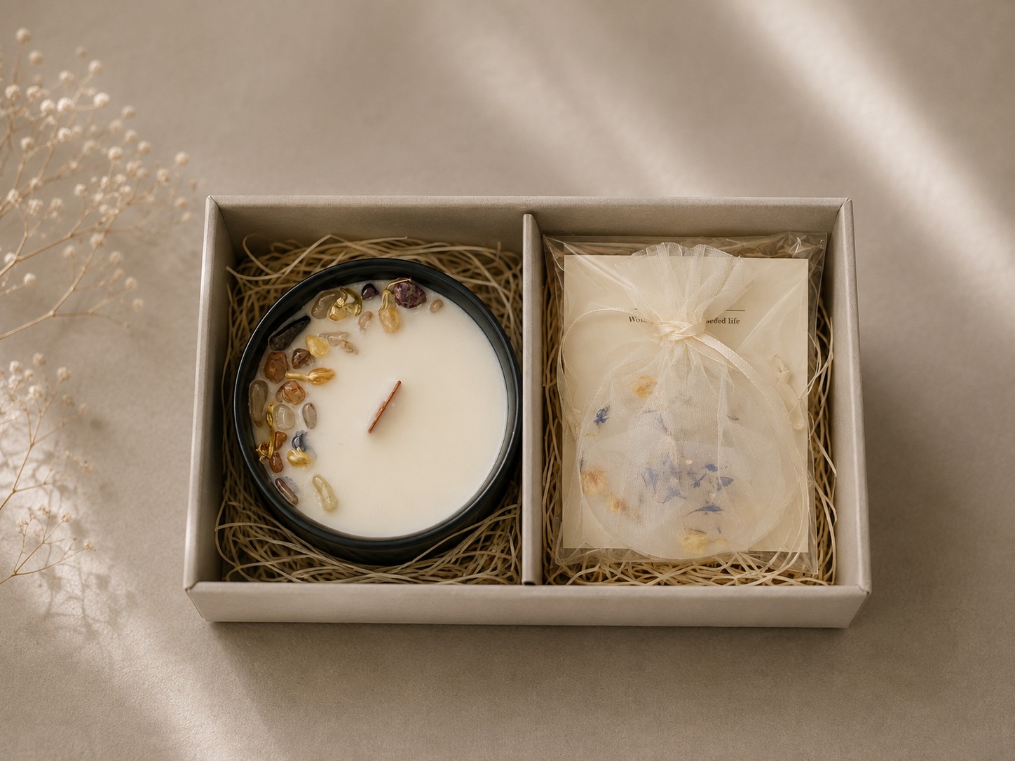 Stone Candle & Mini Sachet Gift Set – Garden Quartz（天然石アロマSOYキャンドル・ミニサシェセット）