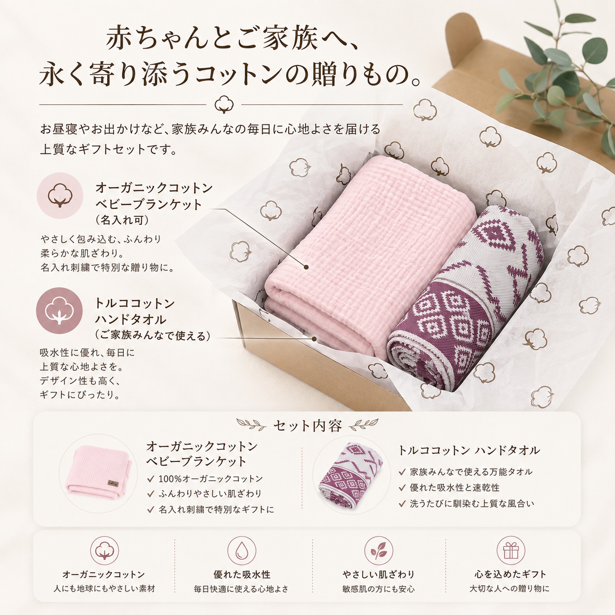 【名入れ対応】オーガニックブランケット＆トルココットンタオルギフト
