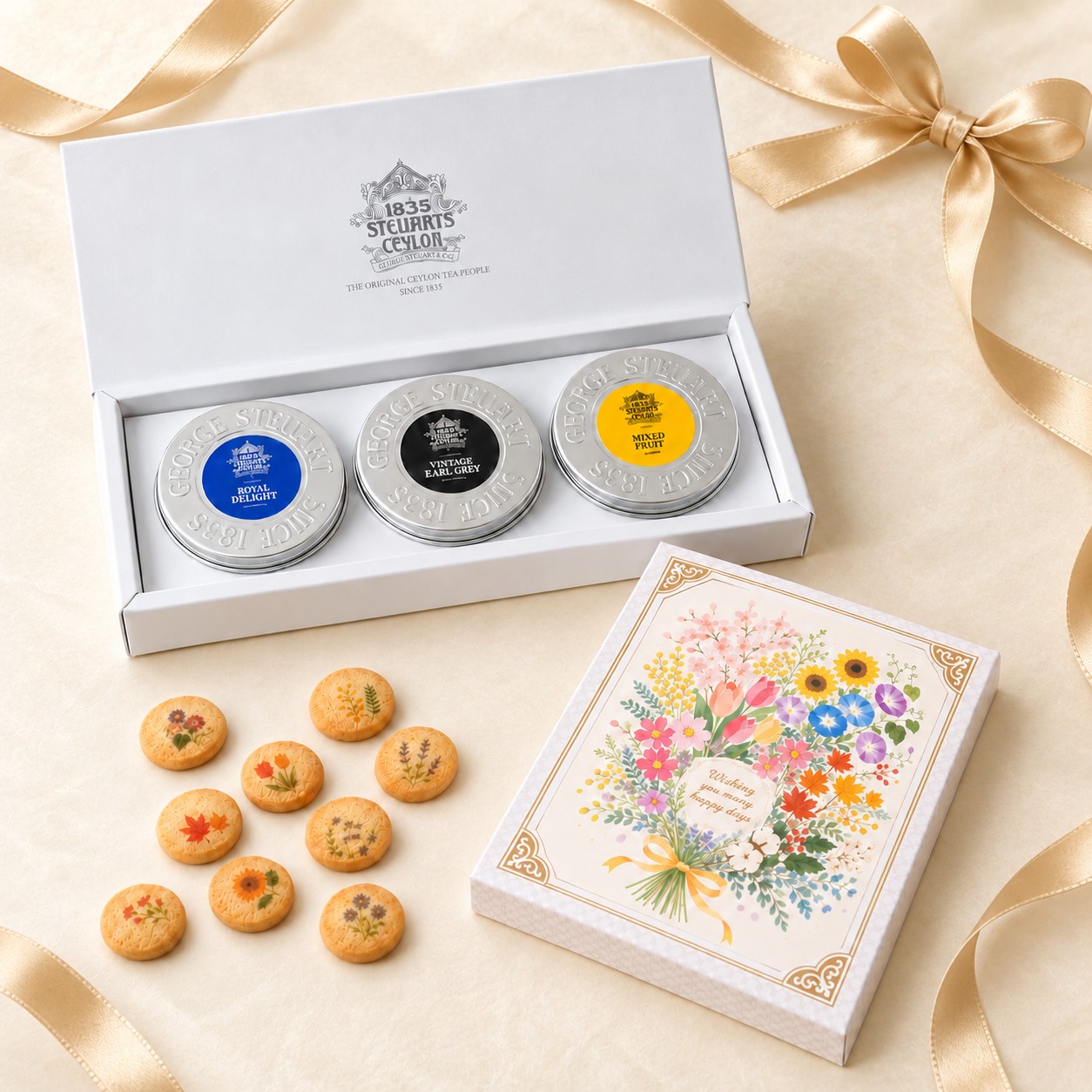 【ギフトにピッタリ！ティータイムの贈り物】紅茶3缶とブルームブーケクッキーのセット