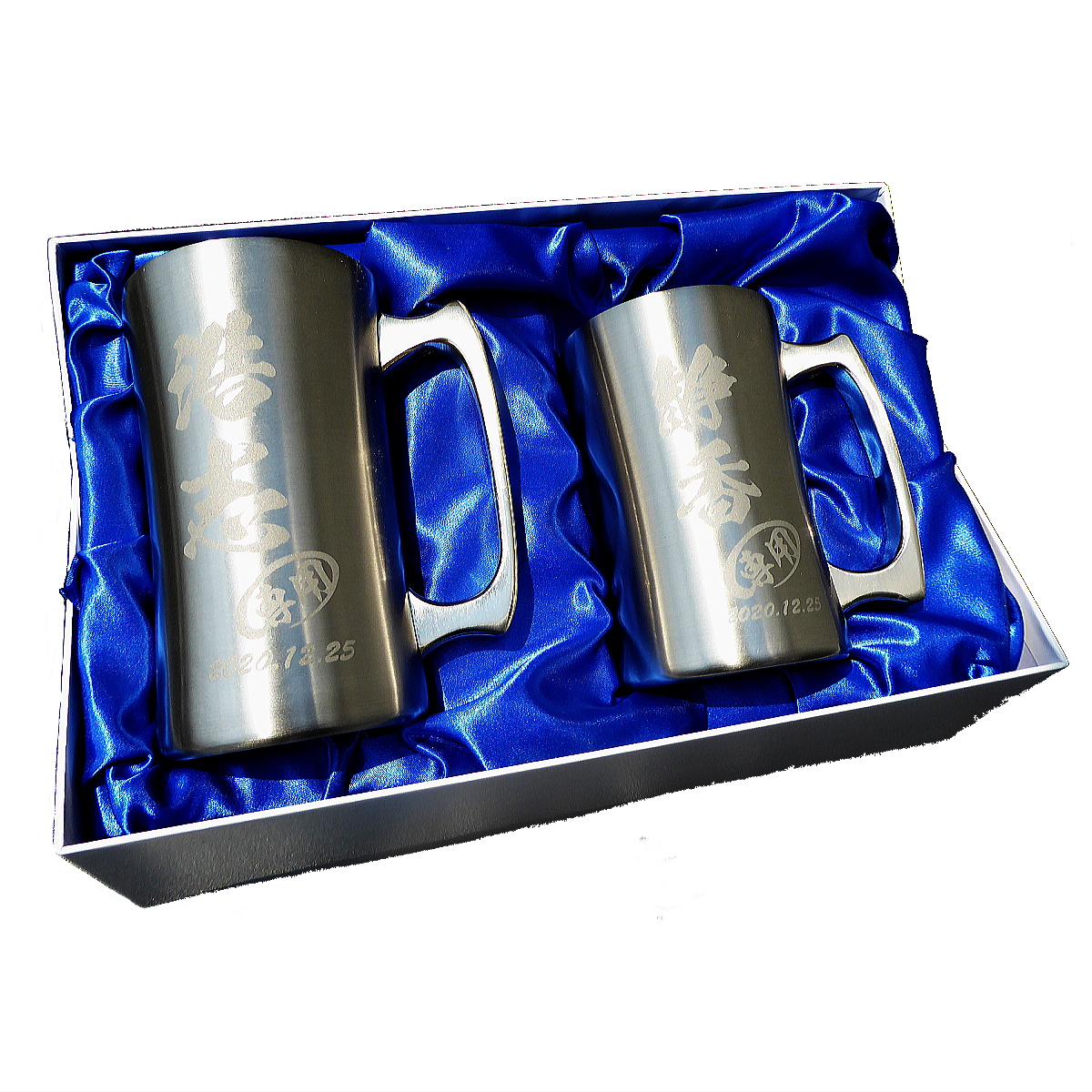 【名入れ彫刻】600ml＆420ml真空断熱ステンレスビールジョッキ化粧箱入りペアセット