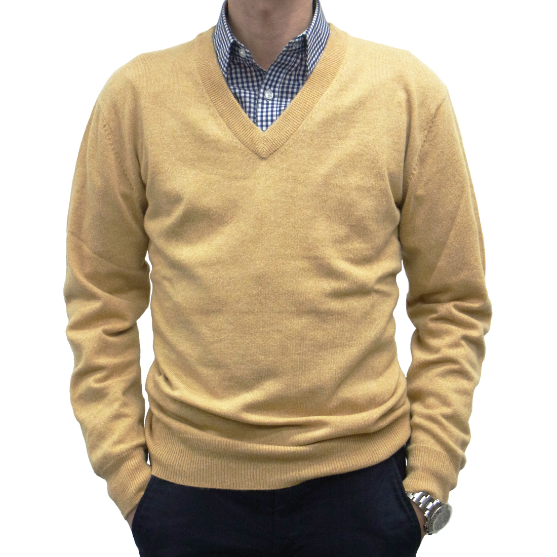 傘寿 カシミヤVネックセーター -650701-bei-22C-