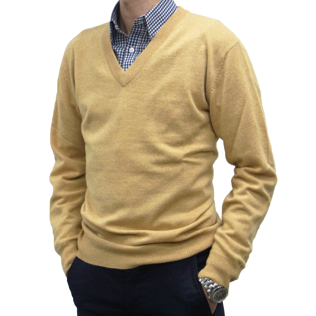 傘寿 カシミヤVネックセーター -650701-bei-22C-