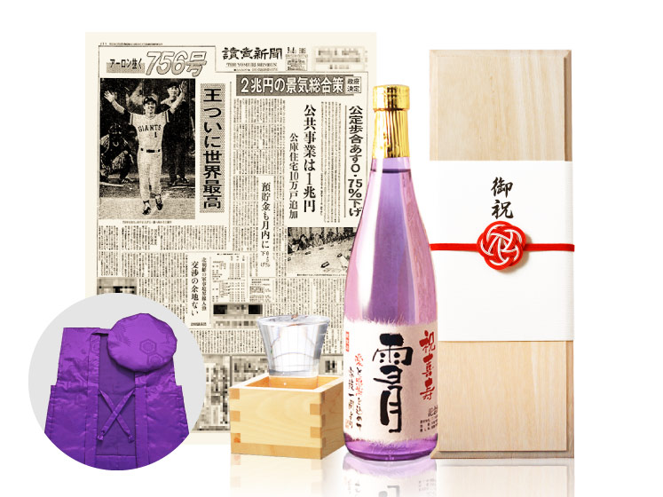 【喜寿祝いセット】メモリアル新聞付き名入れ日本酒720ml＋紫ちゃんちゃんこ（箱入り）セット≪紫式部≫【純米大吟醸】
