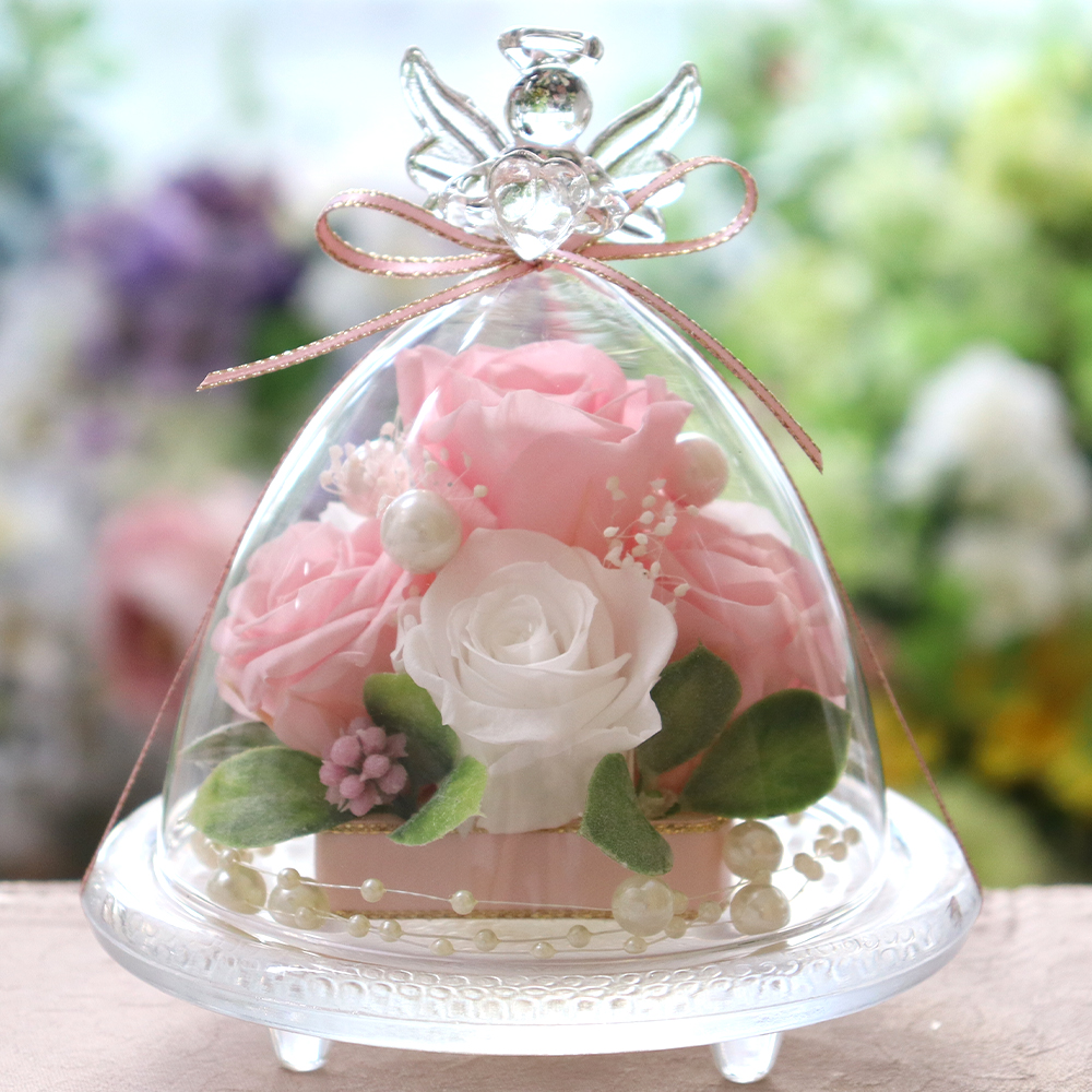 還暦祝い 女性 花 ガラスドーム付きプリザーブドフラワー HAPPY