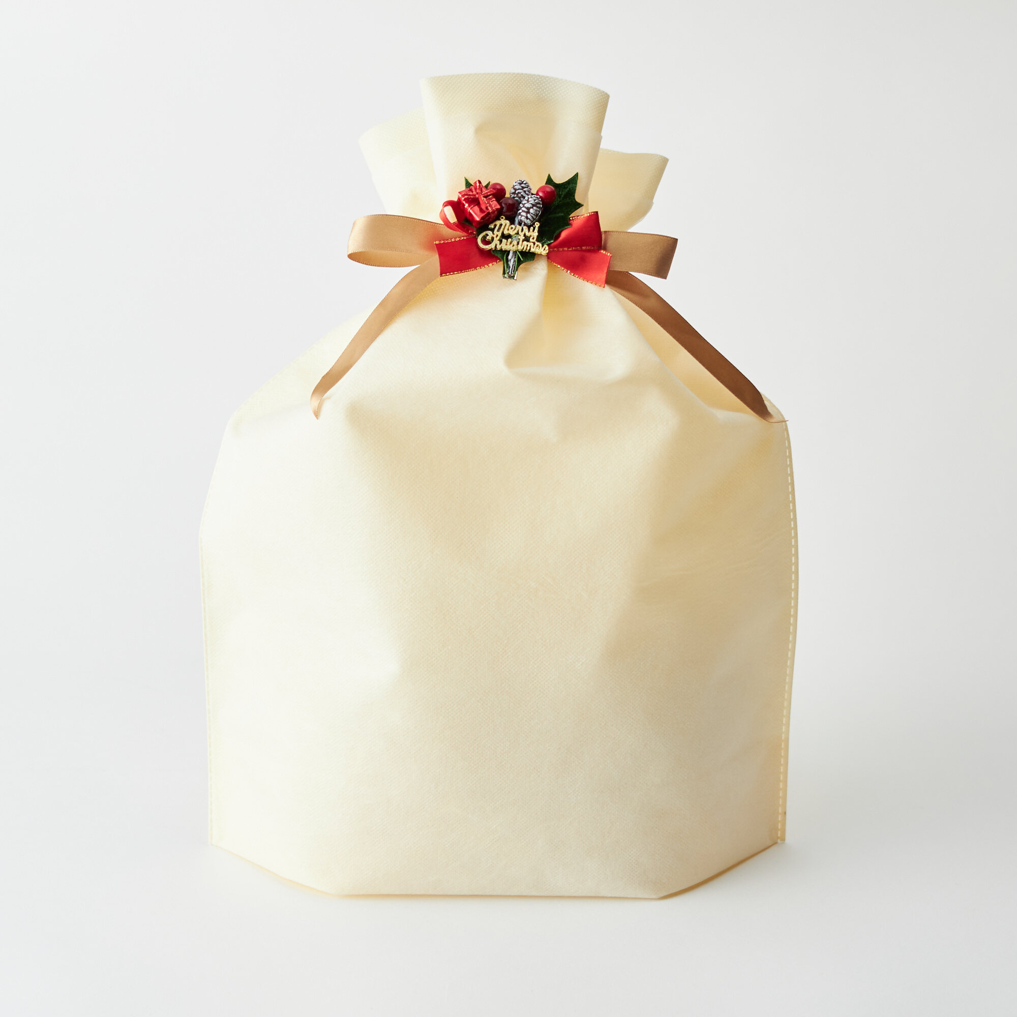 リボン付きバッグ（クリーム）L　クリップ付（クリスマス） の画像