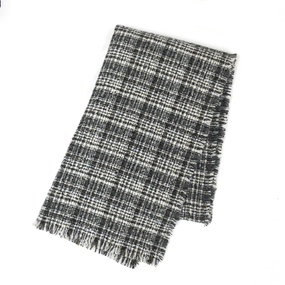 《カシミヤタッチ》ラメ入りツイード風チェックストール【BLACK】 の画像