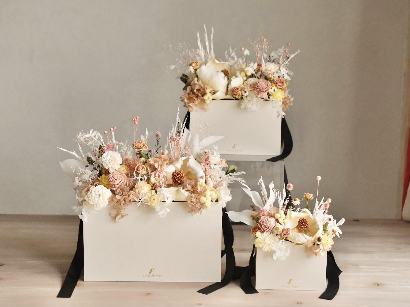 Flower BAG DF Beige／フラワーバッグアレンジ ドライフラワー ベージュ／M の画像