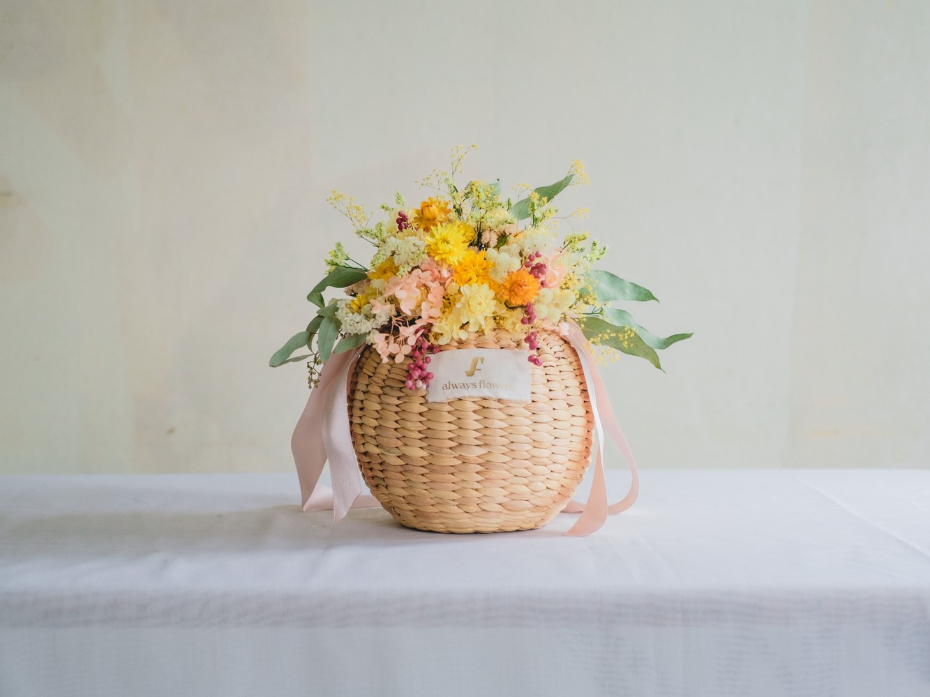 Flower BAG No.2  カゴバッグ／ドライフラワー　サンイエロー／L の画像